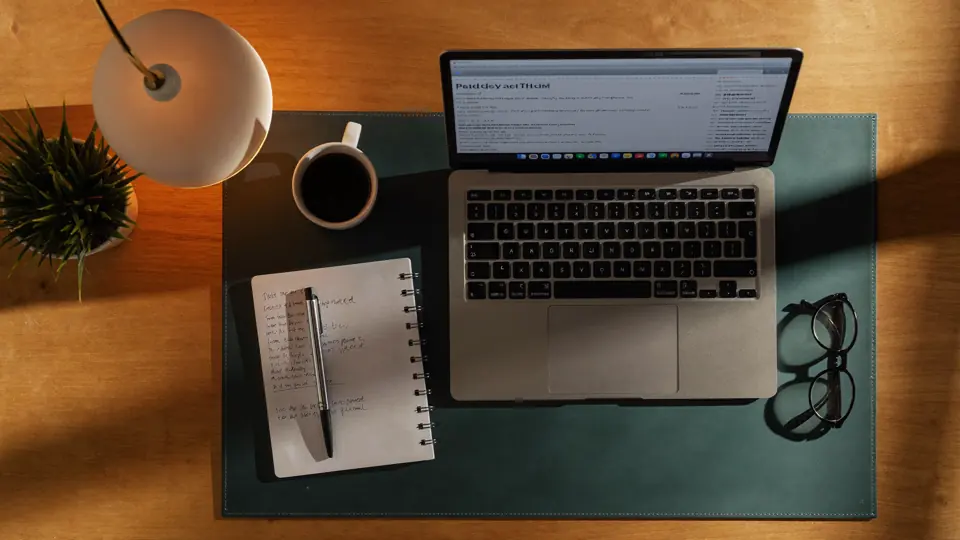 Escritorio con portátil, cuaderno y café